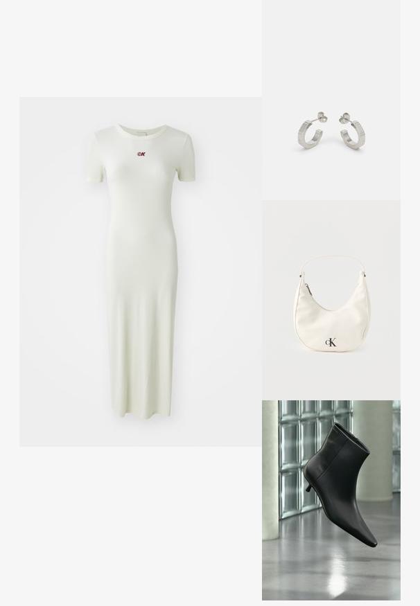 Rippkleid in hellgrün, knöchellang mit kurzen Ärmeln und rundem Ausschnitt, ausgestattet mit einem kleinen roten gestickten Logo auf der Brust.; Schwarzer Leder-Stiefelette mit spitzer Zehenpartie und niedrigem Kitten-Heel, schräg dargestellt vor einem polierten Boden und einer Glasbausteinwand.; Kleine weiße halbmondenförmige Handtasche mit kurzem Trageriemen, Reißverschluss und schwarzem "cK"-Logo auf der Vorderseite.; Silberne Metall-Hoops mit strukturiertem Design, ausgestattet mit einem kleinen Steckverschluss und Branding an einem Hoop. Abgerundete Form mit glänzender Oberfläche.