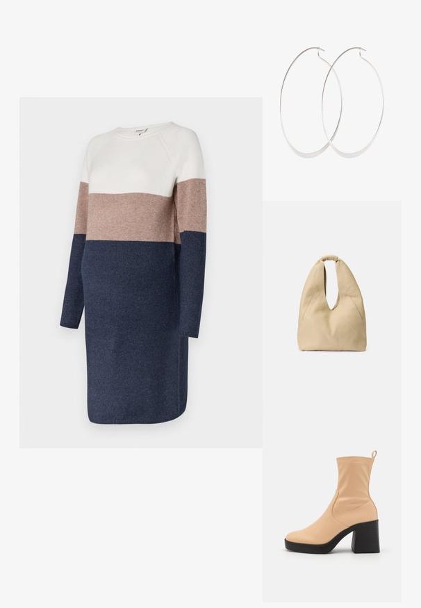 Strikkjole med lange ærmer, der har et farveblok-design i creme, taupe og marineblå. Blød tekstur og rund halsudskæring.; Beige ankelstøvle lavet af glat materiale med en rund tå, elastisk side og en kraftig sort blokhæl. Har en trækflig bagpå.; Beige lædertaske med en unik S-form, blød tekstur og en løkkehank. Har to diagonale lommer foran.; Sølv hoops øreringe med et tyndt, glat design; langstrakt oval form; poleret finish; har en sikker krog lukning.