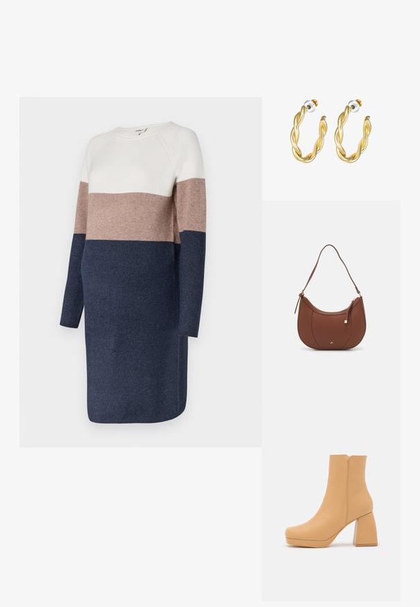 Gebreide jurk met lange mouwen, met een kleurblokontwerp in crèmewit, taupe en marineblauw. Zachte textuur en ronde hals.; DeeZee Enkellaarsjes met plateauzool - dark beige; Bruine faux leren schoudertas met een gebogen vorm, minimale stiksels en een gouden hardware-accent. Voorzien van een bovenste ritsluiting en een verstelbare schouderband.; Gouden gedraaide oorringen met een gladde afwerking, voorzien van een transparante achterkant en goudkleurige hardware.