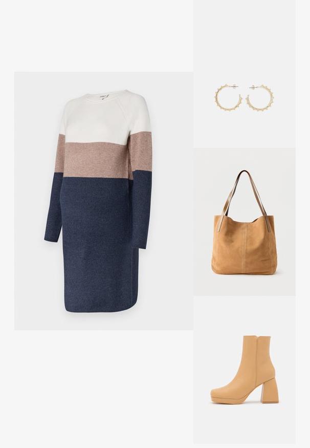 Robe en maille à manches longues, dotée d'un design en blocs de couleurs en crème, taupe et marine. Texture douce et encolure ronde.; DeeZee Bottines à plateau - dark beige; Sac fourre-tout en daim beige avec de longues anses en cuir marron clair, texture douce et couture simple sur un fond blanc uni.; Boucles d'oreilles en or en forme de créole avec un design texturé, ornées de petites perles le long du bord. Elles ont une forme de créole fermée et un fermoir à clou.