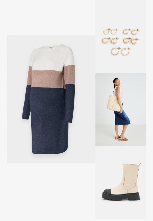 Strikkjole med lange ærmer, der har et farveblok-design i creme, taupe og marineblå. Blød tekstur og rund halsudskæring.; Steve Madden GENNA - Plateaustøvletter - bone/black; Quiltet beige tote bag med tykke håndtag, rummelig design og blød tekstur, holdt af en person iført en lys lilla top og blå denimnederdel.; Sæt af gyldne øreringe, der indeholder forskellige former: små hoops, chunky halvmåner og kæde-accenter. Glatte og teksturerede overflader.