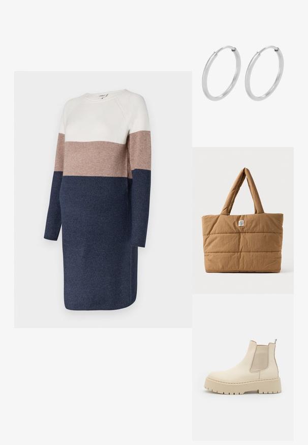 Robe en maille à manches longues, dotée d'un design en blocs de couleurs en crème, taupe et marine. Texture douce et encolure ronde.; Bottines Chelsea en cuir beige avec panneaux latéraux élastiques, semelle à plateforme chunky et accents texturés. Présente une poignée à l'arrière et des détails de couture.; Sac fourre-tout marron rembourré avec de larges poignées et une petite étiquette blanche avec un logo circulaire noir au centre à l'avant.; Boucles d'oreilles en argent, de forme circulaire, avec une texture lisse et brillante, et une largeur constante. Design minimaliste sans accents supplémentaires.