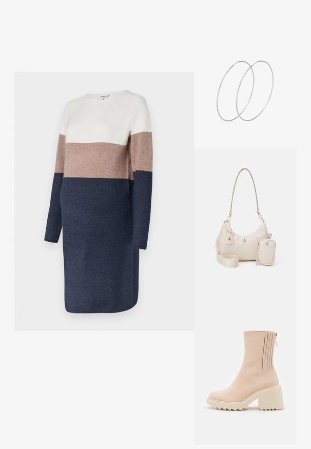 Pletené šaty s dlhými rukávmi, majúce dizajn v blokoch farieb v krémovej, taupe a námornej modrej. Mäkkučká textúra a okrúhly výstrih.; Even&Odd by Zalando Členkové čižmy na platforme - beige; Béžová kožená kabelka s zakriveným tvarom, reťazovým popruhom, striebornými detailmi a odnímateľnou malou kapsičkou. Textúrovaný popruh s logom.; Strieborné kruhové náušnice s minimalistickým dizajnom. Cirkulárny tvar, hladký povrch a tenký profil. Ľahké s lesklým povrchom.