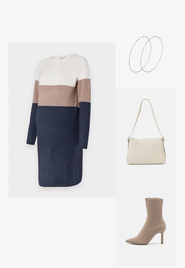 Gebreide jurk met lange mouwen, met een kleurblokontwerp in crèmewit, taupe en marineblauw. Zachte textuur en ronde hals.; Call it Spring CIEL - Enkellaarsjes met hoge hak - other grey; Beige schoudertas van glad leer met een ritsluiting. Kenmerkt zich door een eenvoudig ontwerp, een slanke schouderband en metalen hardwareaccenten.; Zilveren hoepel oorbellen met een minimalistisch ontwerp. Cirkelvormig, gladde textuur en dun profiel. Lichtgewicht met een gepolijste afwerking.