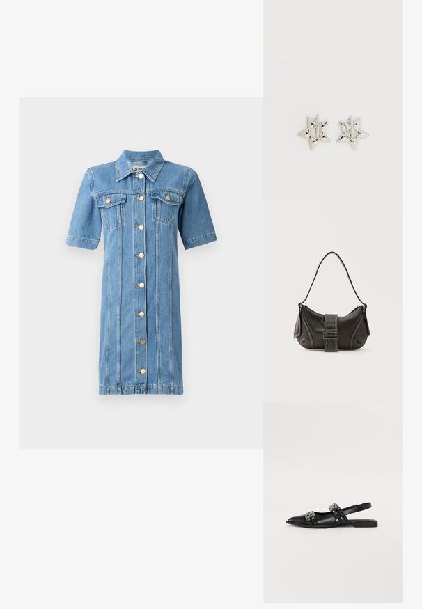 Heledad denimkleit helesinises toonis, lühikeste varrukatega, nupulukuga esiosas, kahe rinnataskuga ja vertikaalsete õmblustega. Omab ümmargust kaelust ja kuldseid nuppe.; Even&Odd by Zalando Kannarihmaga baleriinad - black; Mustast nahast õlakott pandlanööriga detailiga, kõverate servade ja kontrastse valge õmblusega tavalise tausta peal.; Hõbedast tähekujulised rõngaskõrvarõngad, millel on sile ja poleeritud viimistlus, tavalise valge taustaga.