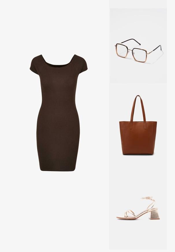 Bruine geribbelde bodycon jurk met korte mouwen en een ronde hals, ontworpen voor een aansluitende silhoët. Gladde textuur overal.; Gouden metallic sandalen met blokhak, dunne kruisbandjes over de tenen en een enkelriempje met een kleine gesp, op een witte achtergrond.; Vierkante bril met metalen monturen in goudkleur en bruine verloopranden, met zwarte pootjes en verstelbare neuspads.; Bruine leren boodschappentas met een gladde textuur, verticale naaddetails en twee platte handvatten. Open ontwerp aan de bovenkant, ruime binnenkant.
