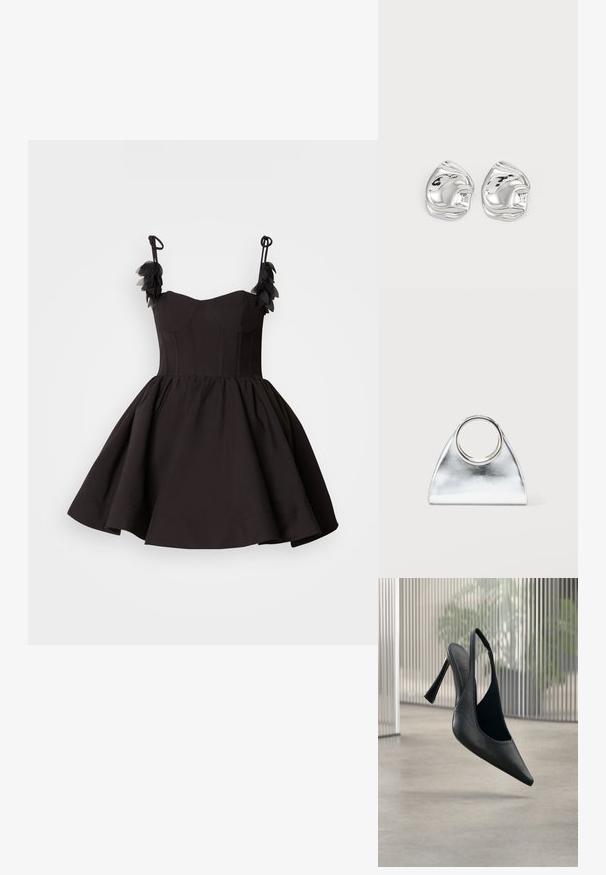 Sort kjole med tætsiddende overdel og svajet skirt. Har spaghetti-stropper og blomsterdetaljer på skulderne. Glat stofstruktur.; Sort læder slingback stilet hælsko med spids tå, svævende over en glat beton gulv og vertikal metal panel baggrund.; Sølvmetalisk trekantet håndtaske med rundt metalhåndtag, placeret mod en ensartet hvid baggrund.; Sølv abstrakte stud øreringe med en poleret finish, der har glatte kurver og subtile konturer. Ingen synlige mønstre eller accenter.