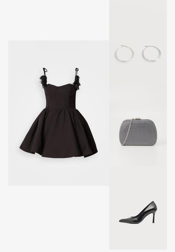 Vestido negro con corsé ajustado y falda acampanada. Presenta tirantes finos y detalles florales en el hombro. Textura de tela suave.; Zapato de tacón alto de mujer en piel negra patentada, con punta puntiaguda y tacón delgado, sobre un fondo claro y liso.; Bolso de mano texturizado en blanco y negro con forma redondeada, correa de cadena plateada y un cierre de metal en la parte superior.; Pendientes de aro de metal plateado con superficie lisa y ligeramente curvada y cierre de tipo mosquetón sobre un fondo blanco liso.