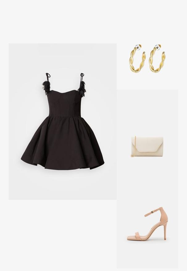 Vestido negro con corsé ajustado y falda acampanada. Presenta tirantes finos y detalles florales en el hombro. Textura de tela suave.; Sándalo de tacón alto en color nude con punta cuadrada, que cuenta con una sola tira en el dedo y una tira en el tobillo asegurada por una hebilla dorada. Textura de cuero suave.; Bolso de mano beige con textura suave, correa de cadena dorada y una solapa estilo sobre con un ribete dorado en contraste.; Pendientes de aro retorcidos en oro con una superficie lisa, que cuentan con un respaldo transparente y herrajes en tono dorado.