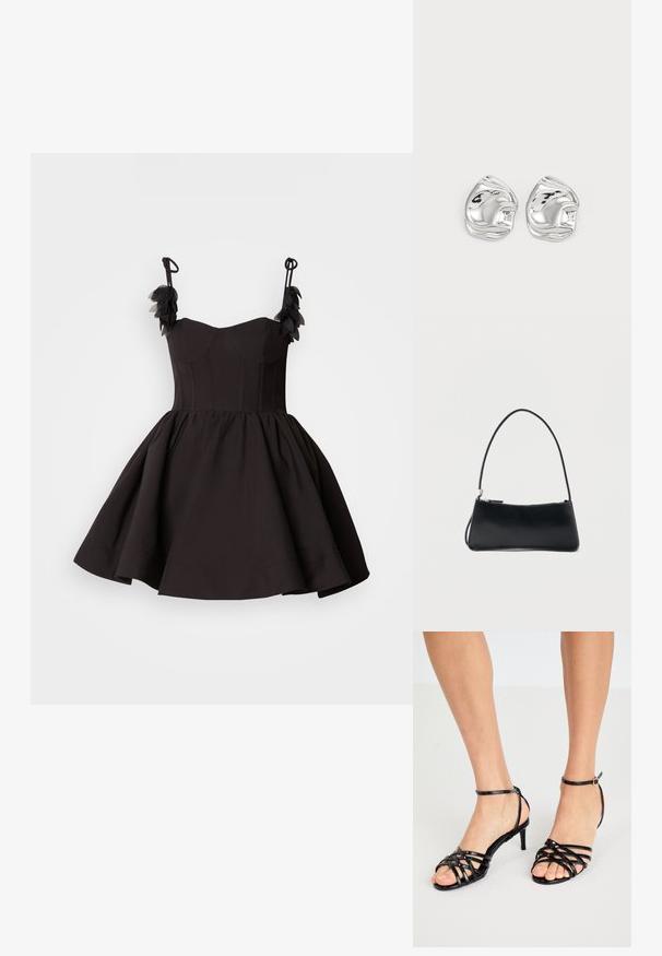Vestido negro con corsé ajustado y falda acampanada. Presenta tirantes finos y detalles florales en el hombro. Textura de tela suave.; Sandalias de tacón alto negras con tiras, de textura brillante. Correa en el tobillo con hebilla. Diseño de punta abierta con detalles entrecruzados.; Bolso rectangular negro con una correa fina y cierre de cremallera, sobre un fondo blanco liso.; Pendientes de studs en forma abstracta de plata con un acabado pulido, que presentan curvas suaves y contornos sutiles. Sin patrones o acentos visibles.
