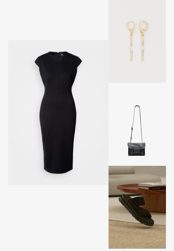 Zwart, aansluitend jurkje met cap sleeves, een v-hals en een jurk tot op de knie. Gladde stof en een discrete ritssluiting aan de achterkant.; Zwarte instapsandaal met dikke zool die boven een beige gestructureerd tapijt zweeft, met op de achtergrond een ronde houten salontafel en boeken.; Zwarte lederen handtas met een gestructureerd oppervlak, rechthoekige vorm, bovenklep, schouderriem en voorkant zakdetail. Accenten van goudkleurige hardware.; Gouden druppel oorbellen met hendel-sluitingen, met verticale staven versierd met kleine heldere en rechthoekige stenen.
