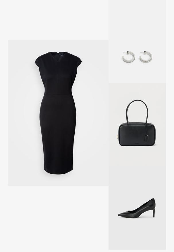 Schwarzes, figurbetontes Kleid mit kurzen Ärmeln, V-Ausschnitt und knielanger Silhouette. Glattes Material und dezentes Reißverschlussdetail auf der Rückseite.; Schwarzer, spitz zulaufender High-Heel-Pumps aus Leder mit einem schlanken, mittelhohen Absatz auf einem schlichten hellgrauen Hintergrund.; Schwarze rechteckige Handtasche mit doppelten, abgerundeten Griffen, goldfarbenem Reißverschluss und geprägtem „HUGO“-Logo auf der Vorderseite sowie angebrachtem Lederanhänger.; Silberne Creolen mit einer glatten Oberfläche und einer Reihe kleiner klarer Steine entlang der unteren Kante, mit einer Steckverschluss.