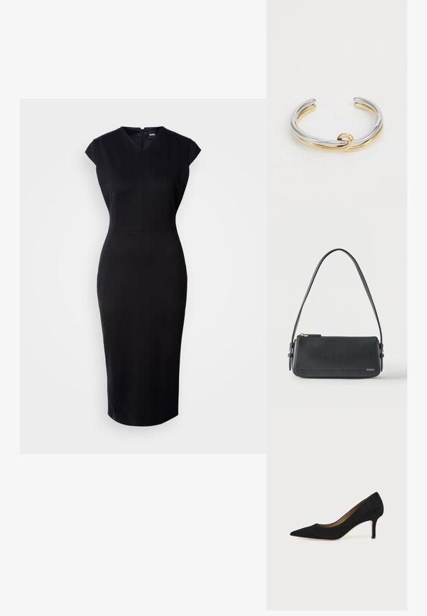 Schwarzes, figurbetontes Kleid mit kurzen Ärmeln, V-Ausschnitt und knielanger Silhouette. Glattes Material und dezentes Reißverschlussdetail auf der Rückseite.; Schwarzer Wildleder-Pumps mit spitzer Schuhspitze, schlankem mittelhohem Stiletto-Absatz und tiefem Ausschnitt auf einfachem Hintergrund.; Schwarze rechteckige Lederschultertasche mit goldenem Reißverschluss und kleinem goldenem "HUGO"-Logo auf der Vorderseite, mit verstellbarem Riemen und Schnalle.; Metallarmband mit ineinander verschlungenen Silber- und Goldbändern sowie einer glatten, polierten Oberfläche. Auffälliges Knotendetail in der Mitte.