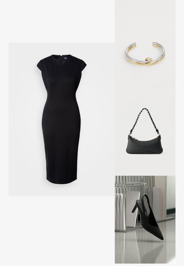 Schwarzes, figurbetontes Kleid mit kurzen Ärmeln, V-Ausschnitt und knielanger Silhouette. Glattes Material und dezentes Reißverschlussdetail auf der Rückseite.; Schwarzer, spitz zulaufender Slingback-Pumps mit hohem Absatz, schwebt in der Luft über einem glänzenden Boden, im Hintergrund gestapelte Ordner.; Schwarze Lederschultertasche mit gewölbter rechteckiger Form, goldener Kette, die in den geflochtenen schwarzen Riemen eingewebt ist, und Reißverschlussverschluss oben.; Metallarmband mit ineinander verschlungenen Silber- und Goldbändern sowie einer glatten, polierten Oberfläche. Auffälliges Knotendetail in der Mitte.