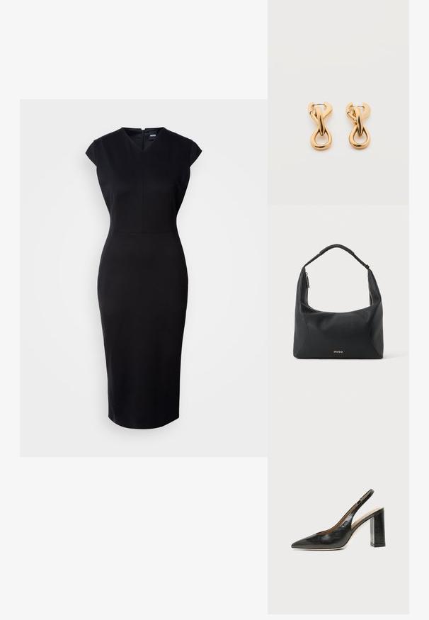 Schwarzes, figurbetontes Kleid mit kurzen Ärmeln, V-Ausschnitt und knielanger Silhouette. Glattes Material und dezentes Reißverschlussdetail auf der Rückseite.; Schwarzer Leder-Slingback-Schuh mit spitzer Kappe, hohem Blockabsatz und beigegefüttertem Innenraum vor hellem, einfarbigem Hintergrund.; Schwarze Leder-Schultertasche mit geflochtenem Griff, goldfarbenem Reißverschlussdetail und kleinem goldfarbenem "HUGO"-Logo mittig vorne.; Paar glänzende goldfarbene Creolen mit verschlungenem, verdrehtem Design auf schlichten weißem Hintergrund.