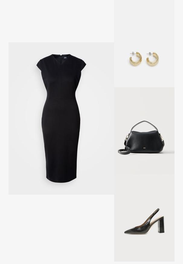 Schwarzes, figurbetontes Kleid mit kurzen Ärmeln, V-Ausschnitt und knielanger Silhouette. Glattes Material und dezentes Reißverschlussdetail auf der Rückseite.; Schwarzer Leder-Slingback-Schuh mit spitzer Kappe, hohem Blockabsatz und beigegefüttertem Innenraum vor hellem, einfarbigem Hintergrund.; Schwarze Lederhandtasche mit kurzen und langen Trägern, goldfarbener Hardware und zentriertem „BOSS“-Logo auf der Vorderseite.; Goldene Creolen mit strukturierter Oberfläche und glänzender Finish. In kreisförmigem Design mit einem sicheren Postverschluss zum Schließen.