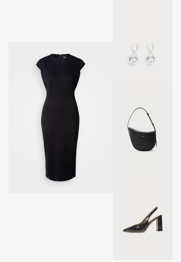 Schwarzes, figurbetontes Kleid mit kurzen Ärmeln, V-Ausschnitt und knielanger Silhouette. Glattes Material und dezentes Reißverschlussdetail auf der Rückseite.; Schwarzer Leder-Slingback-Schuh mit spitzer Kappe, hohem Blockabsatz und beigegefüttertem Innenraum vor hellem, einfarbigem Hintergrund.; Schwarze halbmondförmige Lederschultertasche mit verstellbarem Schulterriemen und goldenem "BOSS"-Logo mittig vorne.; Silberne Tropfenohrringe mit glatten, runden, reflektierenden Oberflächen, die an Hakenverschlüssen hängen. Der Hintergrund ist reinweiß.