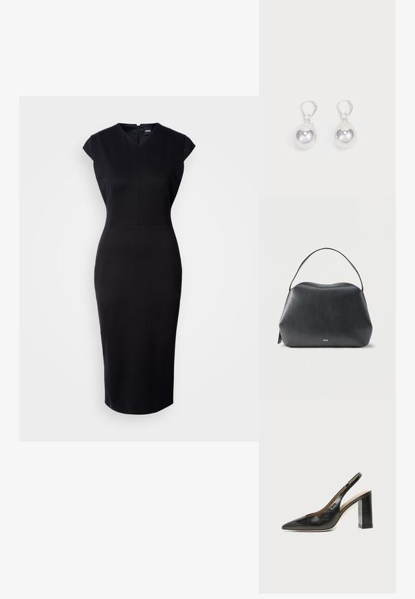 Schwarzes, figurbetontes Kleid mit kurzen Ärmeln, V-Ausschnitt und knielanger Silhouette. Glattes Material und dezentes Reißverschlussdetail auf der Rückseite.; Schwarzer Leder-Slingback-Schuh mit spitzer Kappe, hohem Blockabsatz und beigegefüttertem Innenraum vor hellem, einfarbigem Hintergrund.; Schwarze Ledertasche mit einem einzelnen Trageriemen und kleinem goldenem "BOSS"-Logo auf der Vorderseite, vor einem schlichten hellgrauen Hintergrund.; Silberne Tropfenohrringe mit glatten, runden, reflektierenden Oberflächen, die an Hakenverschlüssen hängen. Der Hintergrund ist reinweiß.