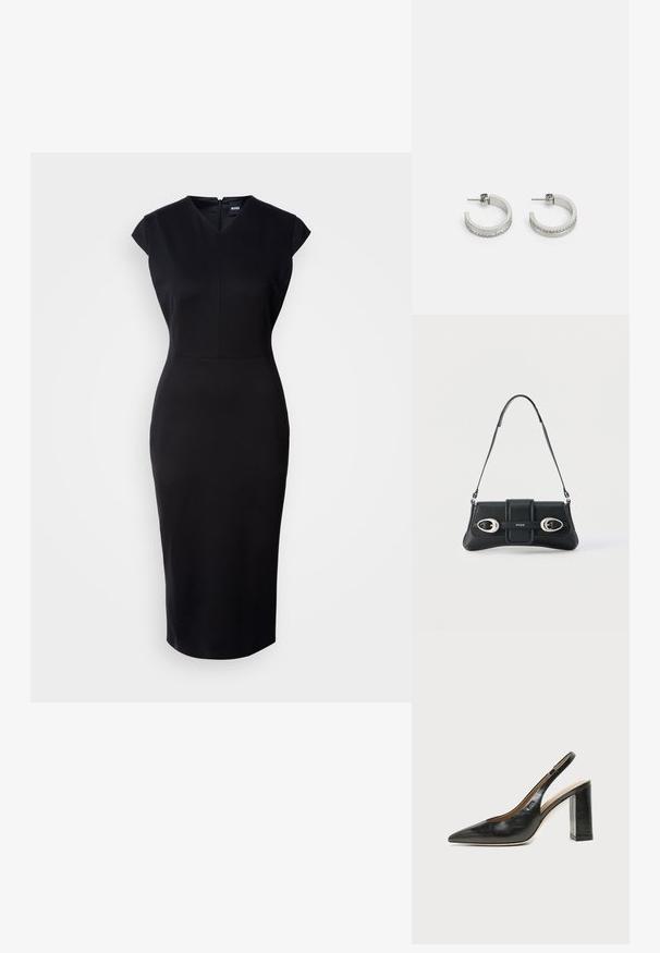Schwarzes, figurbetontes Kleid mit kurzen Ärmeln, V-Ausschnitt und knielanger Silhouette. Glattes Material und dezentes Reißverschlussdetail auf der Rückseite.; Schwarzer Leder-Slingback-Schuh mit spitzer Kappe, hohem Blockabsatz und beigegefüttertem Innenraum vor hellem, einfarbigem Hintergrund.; Schwarze Leder-Schultertasche mit zwei silbernen Schnallen und verstellbarem Riemen, mit "HUGO"-Logo in der Mitte der Vorderseite.; Silberne Creolen mit einer glatten Oberfläche und einer Reihe kleiner klarer Steine entlang der unteren Kante, mit einer Steckverschluss.