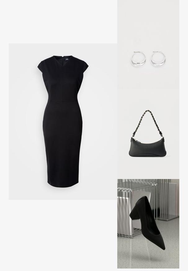 Schwarzes, figurbetontes Kleid mit kurzen Ärmeln, V-Ausschnitt und knielanger Silhouette. Glattes Material und dezentes Reißverschlussdetail auf der Rückseite.; Schwarzer High-Heel-Schuh mit spitzem Zehenbereich und blockiertem Absatz, aus strukturiertem Leder, über einem glatten Boden schwebend.; Schwarze Lederschultertasche mit gewölbter rechteckiger Form, goldener Kette, die in den geflochtenen schwarzen Riemen eingewebt ist, und Reißverschlussverschluss oben.; Silberne Creolen mit glänzender Oberfläche und DKNY-Logo, vor einem schlichten weißen Hintergrund präsentiert.
