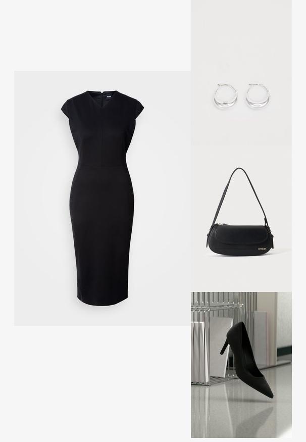 Zwart, aansluitend jurkje met cap sleeves, een v-hals en een jurk tot op de knie. Gladde stof en een discrete ritssluiting aan de achterkant.; Zwarte high-heeled schoen in balans op de hiel op een reflecterende aanrecht bij metalen ordnerhouders met witte mappen.; Zwarte leren schoudertas met gebogen klep, gouden "HUGO" logo aan de voorkant en een enkele verstelbare riem.; Zilveren creolen met een gepolijste afwerking en DKNY-branding, weergegeven tegen een effen witte achtergrond.