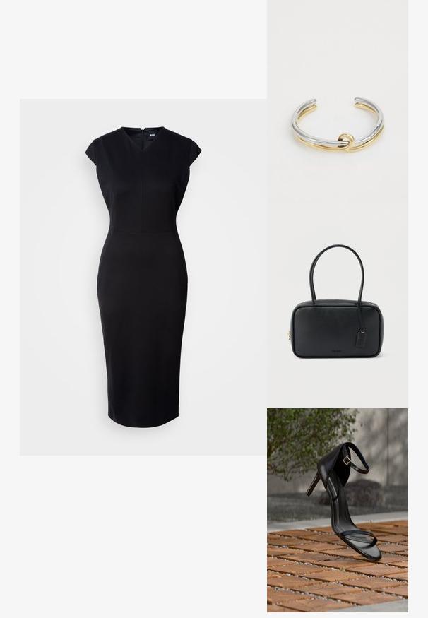 Vestido negro ajustado con mangas tipo sisa, escote en pico y un diseño hasta la rodilla. Tejido suave y discreto detalle de cremallera en la parte trasera.; Sandalia negra de tacón alto con correa en el tobillo, parece suspendida sobre un suelo de baldosas de madera al aire libre, con un fondo difuminado de vegetación y piedra.; Bolso rectangular negro con asas dobles redondeadas, cremallera dorada y logo "HUGO" en relieve en el frente con etiqueta de cuero adjunta.; Pulsera de pulsera de metal que presenta bandas entrelazadas de plata y oro con un acabado suave y pulido. Detalle de nudo notable en el centro.