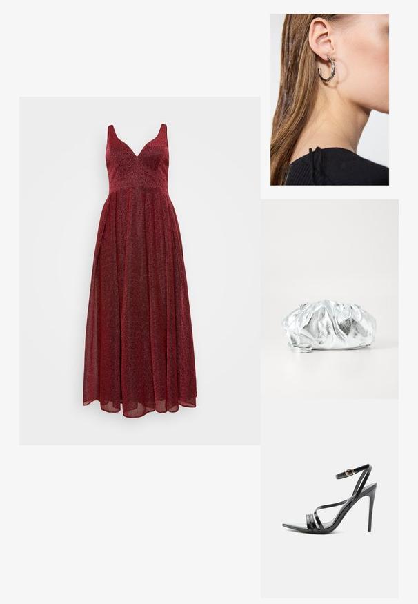 My Mascara Curves Gallakjole - berry; Sort højhælet sandal med tynde remme over tæerne og anklen, med en gylden spænde på en slank stilet-hæl.; Metallisk sølv clutch taske med en blød, samlet krop og en tynd skulderrem. Har en glat, skinnende overflade og rund form.; Sølv hoop ørestik med en poleret overflade, prydet med små guld accenter og en rund form, båret på øreflippen.