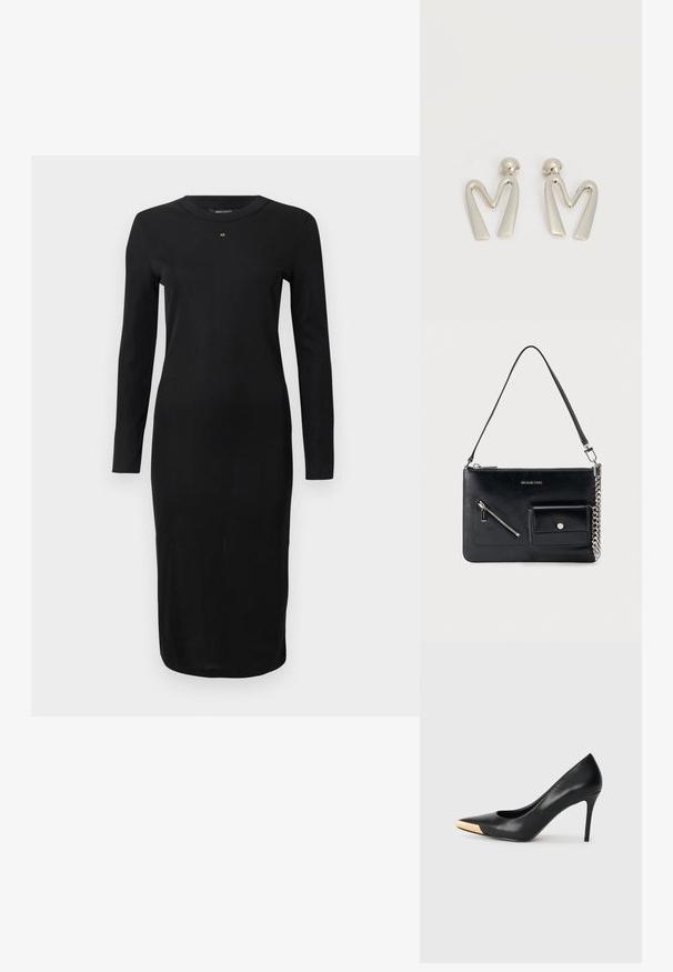 Robe midi noire à manches longues avec col rond et petit logo doré "AX" centré sous l'encolure, silouhette ajustée.; Pompe à talon haut en cuir noir avec bout pointu ; présente une accentuation métallique dorée sur le capuchon. Surface lisse avec un design épuré.; Sac à bandoulière en cuir noir Michael Kors avec fermeture éclair supérieure, poche avant zippée en diagonale, poche à rabat avec bouton-pression et détail en chaîne argentée.; Paire de boucles d'oreilles en métal argenté en forme de lettre M angulaire avec des tiges arrondies sur fond blanc.