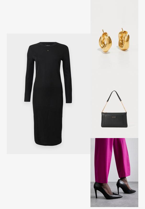 Robe midi noire à manches longues avec col rond et petit logo doré "AX" centré sous l'encolure, silouhette ajustée.; Chaussures à talons hauts noires avec un design à bout pointu et une texture en cuir lisse. Associées à des pantalons ajustés rose vif.; Pochette en cuir noir avec une texture en relief, bandoulière en chaîne dorée et une poche avant. Elle arbore un logo doré sur le devant.; Boucles d'oreilles créoles en or massif avec un design tubulaire légèrement tordu et des fermoirs à tige sur un fond blanc.