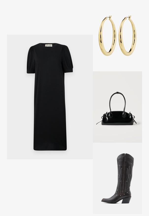 Vestido negro de manga corta con cuello redondo, que presenta mangas abullonadas y una silueta recta, fabricado en un tejido suave y liso.; Botas de cowboy de cuero marrón con costuras en forma de llama, cremallera lateral, tachuelas plateadas, punta puntiaguda y tacón apilado.; Pequeño bolso negro brillante con dos asas largas y detalles de cordón lateral sobre un fondo claro liso.; Pendientes de aro de oro con un acabado suave y pulido. Forma circular, con un cierre seguro en la parte superior. La superficie refleja la luz.