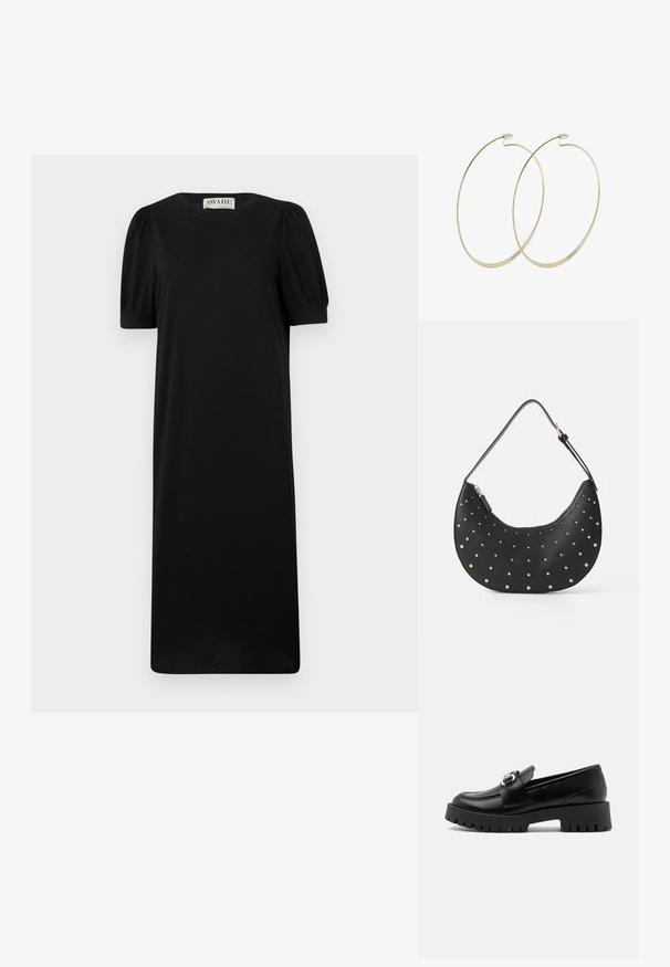 Vestido negro de manga corta con cuello redondo, que presenta mangas abullonadas y una silueta recta, fabricado en un tejido suave y liso.; Mocasines de cuero negro con una suela gruesa y estriada y un acento de hebilla metálica en la correa. Textura suave, diseño clásico.; Bolso de mano de cuero negro con forma curva, adornado con tachuelas plateadas, cuenta con cierre de cremallera y una sola correa ajustable.; Pilgrim Pendientes - gold-coloured