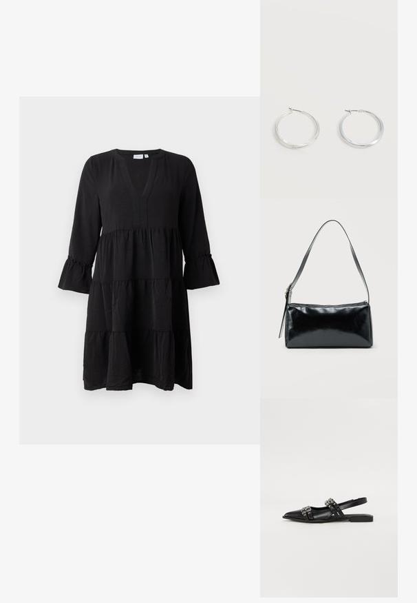 Sort knælængde kjole med V-hals, lagdelt nederdel og trekvartlange flæseærmer på ensfarvet baggrund.; Even&Odd Slingback-ballerinasko - black; Sort rektangulær skuldertaske med en enkelt justerbar rem og lynlås i toppen på en ensfarvet baggrund.; Sølvfarvede metaloorringe med glat, let buet overflade og låsemekanisme på en ensfarvet hvid baggrund.