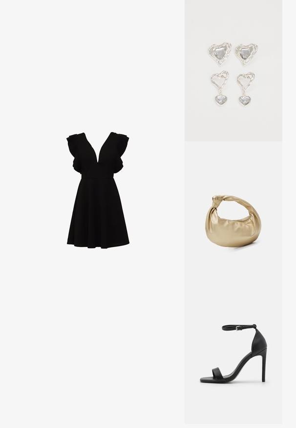 Sort kjole med dyb V-udskæring, korte flæseærmer og en udvidet nederdel. Fremstillet af et glat, let stof.; Sort højhælet sandal med et sleek design, der har en ankelrem, åben tå og glat lædertekstur.; Guldmetal taske med en glat, shiny overflade. Har et knyttet håndtag og en rund, blød form. Lynlåslukning langs toppen.; Sølvøreringe i hjerteform har facetterede klare sten med en struktureret ramme. Sættet inkluderer både studs og hængende stilarter.