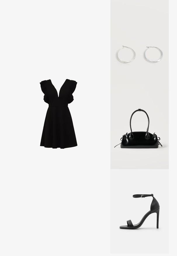 Schwarzes Kleid mit tiefem V-Ausschnitt, kurzen Rüschenärmeln und ausgestelltem Rock. Hergestellt aus einem glatten, leichten Stoff.; Schwarze hochhackige Sandale mit elegantem Design, featuring einem Knöchelriemen, offener Zehenpartie und glattem Lederfinish.; Kleine schwarze glänzende Handtasche mit zwei langen Griffen und seitlichen Kordelzug-Details vor einfachem hellem Hintergrund.; Silberne Metallcreolen mit glatter, leicht gebogener Oberfläche und Klappverschluss vor schlicht weißem Hintergrund.
