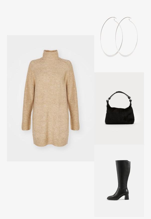 Beige turtleneck sweater, oversized pasform, ribbestruktur ved kraven og ærmerne, strikket stof og drop shoulder-design.; Sort knæhøj læderstøvle med blokhæl og rundet tå, vist fra siden på en ensfarvet baggrund.; Sort faux fur håndtaske med en blød tekstur, rund form og en robust skulderrem i sort læder. Synlige sølvhardware-detaljer.; Sølv hoops øreringe med et tyndt, glat design; langstrakt oval form; poleret finish; har en sikker krog lukning.