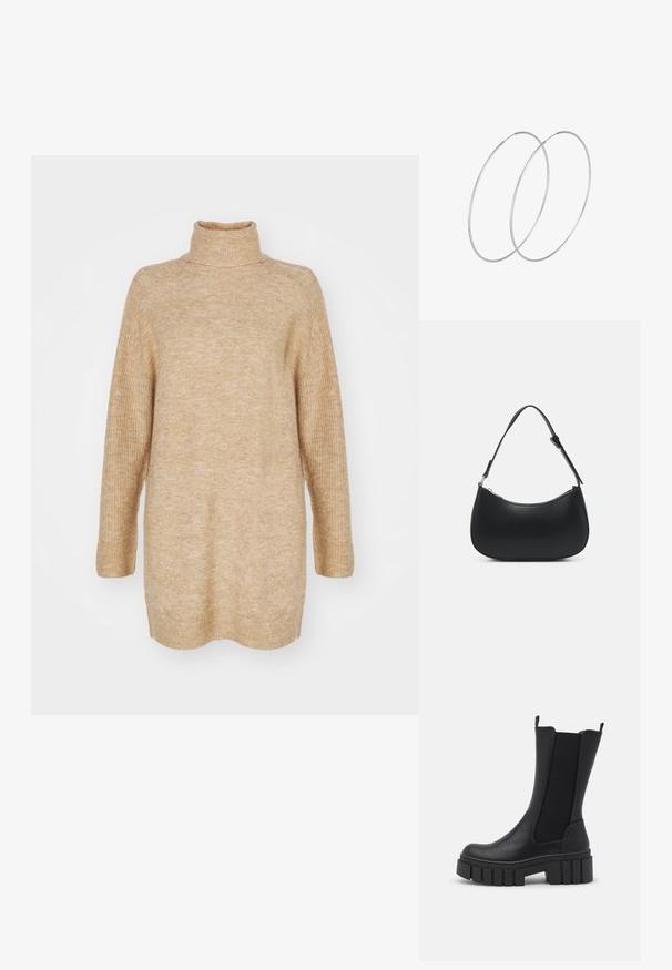 Beige turtleneck sweater, oversized pasform, ribbestruktur ved kraven og ærmerne, strikket stof og drop shoulder-design.; Sort ankelstøvle med en kombination af kunstlæder og elastiske sidepaneler. Kraftig platformsål med lodrette riller for bedre greb.; Pieces PCALUANA SHOULDER BAG - Håndtasker - black; Sølvøreringe med et minimalistisk design. Cirkulær form, glat tekstur og tynd profil. Letvægtige med en poleret overflade.