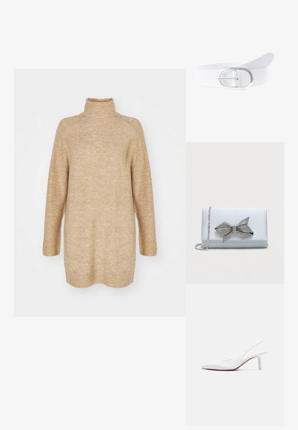 Beige turtleneck neule, ylisuuri istuvuus, ribbikuviointi kauluksessa ja hihoissa, neulottu kangas ja pudotettu olkapäätyyli.; Valkoinen nahkainen naisten slingback-kenkä, jossa on terävä kärki, matala kitten-korko ja pieni koristeellinen rusetti päällä, esitetty sivuprofiilissa.; Vaaleansininen satiininen clutch-laukku, jossa on hopeinen ketjuolkaimen ja suuri strassikoristeinen nauhakoriste etuläpällä.; Valkoinen nahkavyö, jossa on hopeanvärinen ovaalimainen solki. Vyö on sileä ja litteä, ja siinä on yksinkertainen muotoilu ilman kuvioita tai koristeita.