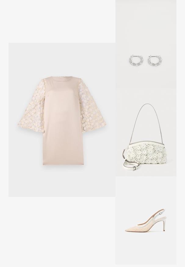 Beige jurk met een rechte silhouet, met doorschijnende mouwen van lichte crème met bloem- borduursel. Het materiaal is soepel en licht van gewicht.; Beige pumps met spitse neus en bandje rondom de hiel, hoge hak, met witte bloemenkant overlay en witte verstelbare enkelriem.; Witte handtas met kettingriem, bedekt met 3D bloemenapplicaties met metalen studs in het midden en een afneembare leren schouderriem.; Zilveren oorringen met parel- en kristalaccenten, met een gestructureerd oppervlak en een veilige postsluiting.