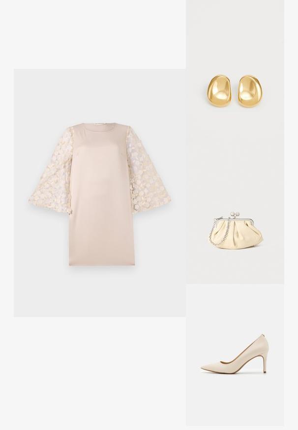 Robe beige à la silhouette droite, dotée de manches sheer brodées de fleurs en crème clair. Le matériau est lisse et léger.; Escarpin beige à talon haut avec un bout pointu, empeigne en cuir lisse et un talon aiguille élancé. Présente un décolleté faible à l'avant et aucun matériel visible.; Pochette en cuir beige plissé avec un cadre en métal argenté, dotée de deux fermoirs ronds décoratifs et d'une chaîne en argent.; Boucles d'oreilles en forme de clou de couleur or, avec une forme lisse et arrondie et une surface réfléchissante, mettant en avant un design minimaliste sans motifs visibles.