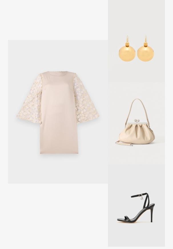 Beiges Kleid mit gerader Silhouette, das durchscheinende, florale bestickte Ärmel in hellem Creme hat. Das Material ist glatt und leicht.; Schwarze High-Heel-Sandale mit schmalem Knöchelriemen, quadratischer Zehenbox, glattem Leder und metallischem Schnallenakzent.; Beige weiche Lederhandtasche mit silbernem Metallrahmenverschluss, einem Schulterriemen und einem optionalen Kettenriemen auf weißem Hintergrund.; Paar glänzende goldene Weihnachtskugel-Ohrringe mit Hakenverschlüssen auf einfachem weißem Hintergrund.