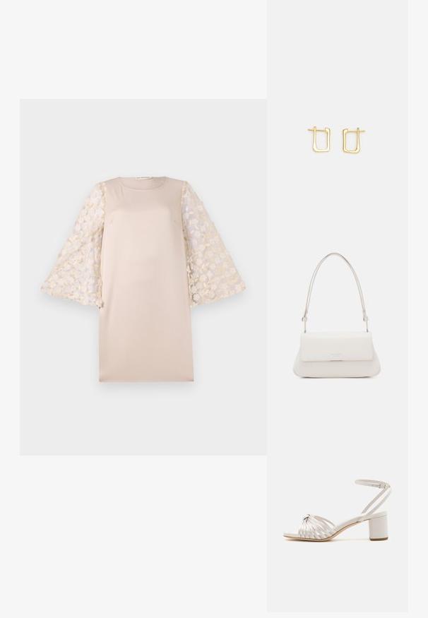 Beiges Kleid mit gerader Silhouette, das durchscheinende, florale bestickte Ärmel in hellem Creme hat. Das Material ist glatt und leicht.; Cremfarbene Sandale mit Blockabsatz und gewundenem Riemendesign, glatter Textur, verstellbarem Knöchelriemen und offener Zehenpartie.; Weiße Leder-Schultertasche mit umgeschlagenem Vorderklappen, geschwungenem Design und verstellbarem Trageriemen. Hat ein dezentes Logo auf der Vorderseite.; Goldene Ohrringe in Form von Metallringen mit einer unregelmäßigen quadratischen Form, die eine glatte Oberfläche und einen dünnen Stift zum Verschließen aufweisen.