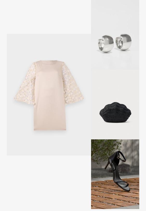 Robe beige à la silhouette droite, dotée de manches sheer brodées de fleurs en crème clair. Le matériau est lisse et léger.; Sandale noire à talon haut avec sangle à la cheville, suspendue au-dessus d'un sol en carreaux de bois à l'extérieur, avec un arrière-plan flou de verdure et de pierre.; Sac à main en osier noir en forme de coquille Saint-Jacques avec un dessus courbé et une texture tressée sur un fond uni.; Uncommon Matters SCULPTURAL LARGE CREOLE - Boucles d'oreilles - silver-coloured