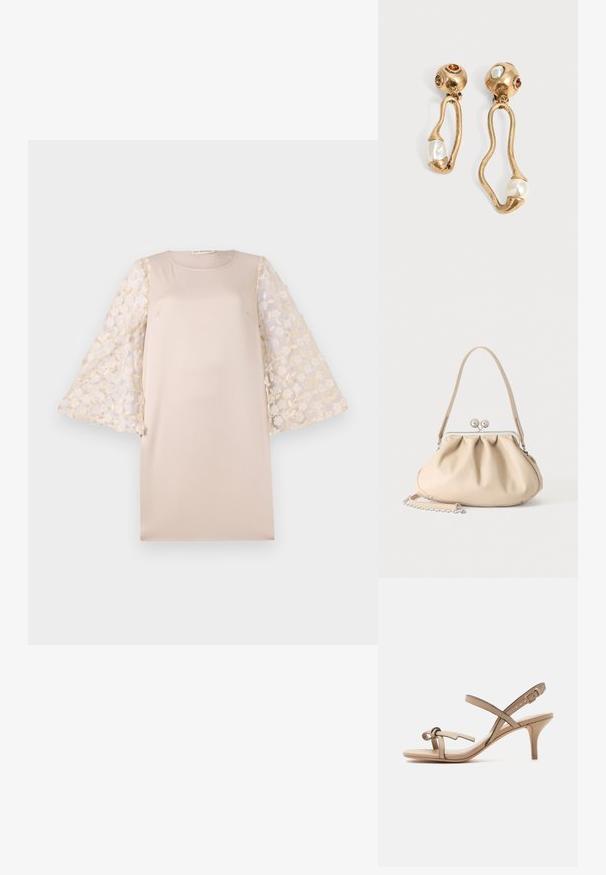 Robe beige à la silhouette droite, dotée de manches sheer brodées de fleurs en crème clair. Le matériau est lisse et léger.; Sandale beige à brides avec petit talon kitten, boucle de cheville réglable et nœud décoratif sur la bride des orteils.; Sac à main en cuir souple beige avec un fermoir en métal argenté, une bandoulière simple et une bandoulière chaîne optionnelle sur fond blanc.; Boucles d'oreilles en ton doré avec des formes ouvertes irrégulières, chacune ornée d'une perle en bas et de détails en pierres précieuses sur les clous ronds.