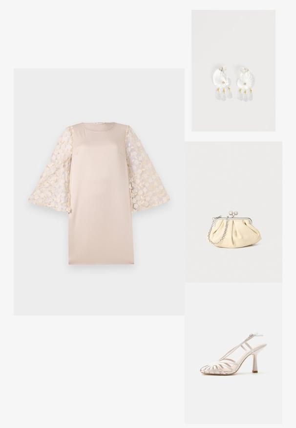 Beige jurk met een rechte silhouet, met doorschijnende mouwen van lichte crème met bloem- borduursel. Het materiaal is soepel en licht van gewicht.; Witte hooggehakte sandaal met open teen, meerdere dunne bandjes, T-band ontwerp, enkelriem met gesp en slanke blokhak op effen achtergrond.; Geplooide beige leren clutch met een zilveren metalen frame, voorzien van twee ronde decoratieve sluitingen en een zilveren kettingriem.; Duidelijke hars oorbellen in schelpvorm met kleine gouden accenten en drie hangende doorschijnende druppelvormige bedels aan elk oorbel.