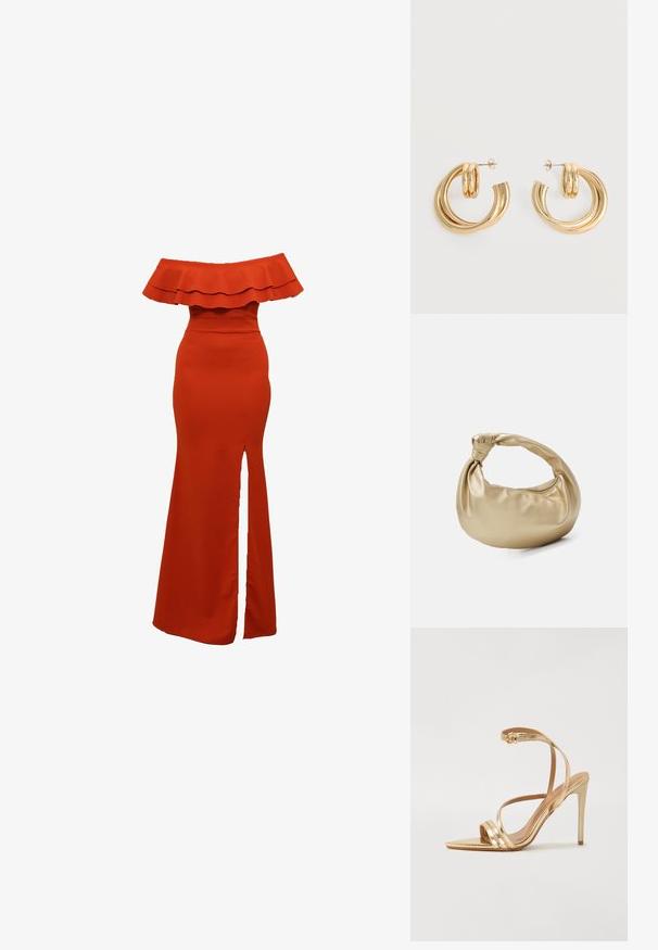 Off-the-shoulder rød kjole med en flæset udskæring, tætsiddende liv og en slids op til låret. Glat tekstur, gulvlang design.; Even&Odd Sandaler - gold; Guldmetal taske med en glat, shiny overflade. Har et knyttet håndtag og en rund, blød form. Lynlåslukning langs toppen.; Par af skinnende gyldne dobbelt loop øreringe med stift-lukning på hvid baggrund.