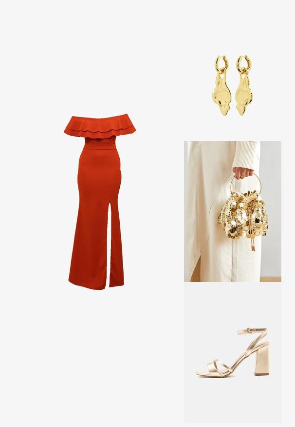 Off-the-shoulder rød kjole med en flæset udskæring, tætsiddende liv og en slids op til låret. Glat tekstur, gulvlang design.; Guldmetallic højhælet sandal med blokhæl, to stropper foran og en ankelrem med spænde på hvid baggrund.; Guld paliettrækkevogn med et cirkulært håndtag, der har skinnende runde paljetter og et tekstureret stof. Dimensioner er ikke angivet.; Guldfarvede øreringe med et skulpturelt, abstrakt design. Har en hængslet hoop og en forlænget, bølget form. Glat, skinnende overflade.