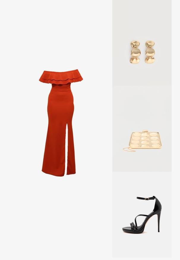 Off-the-shoulder rød kjole med en flæset udskæring, tætsiddende liv og en slids op til låret. Glat tekstur, gulvlang design.; Sort højhælet sandal med tynde stropper, en ankelrem med en lille guldlås og en stiletthæl på en hvid baggrund.; Guld clutchtaske med afrundet rektangulært præg mønster og en lille kæde som strop på ensfarvet baggrund.; Øreringe i guldfarve med dråbeform og tre uregelmæssige, glatte, afrundede segmenter stablet lodret på en enkelt lys baggrund.