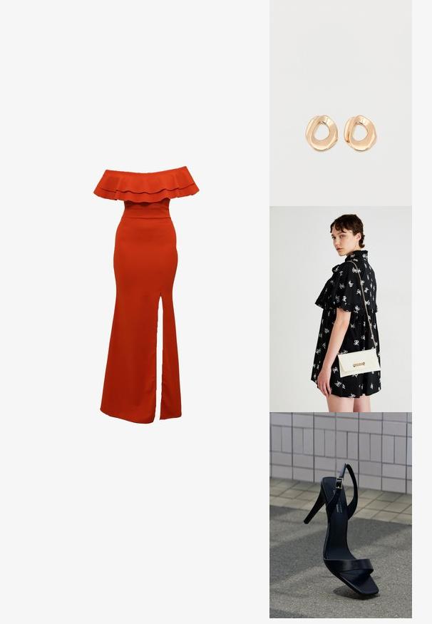 Off-the-shoulder rød kjole med en flæset udskæring, tætsiddende liv og en slids op til låret. Glat tekstur, gulvlang design.; Sort højhælet sandal med ankestrop og firkantet tå placeret på fortovet mod en baggrund af flisebelagt væg.; Sort kjole med hvide sløjfe mønstre, korte ærmer, flæser ved skuldrene. Hvid clutch med guldkæde og lukning, holdt i højre hånd.; Par af uregelmæssigt formede, polerede øreringe i guldfarvet metal med åben midte på en ens hvid baggrund.
