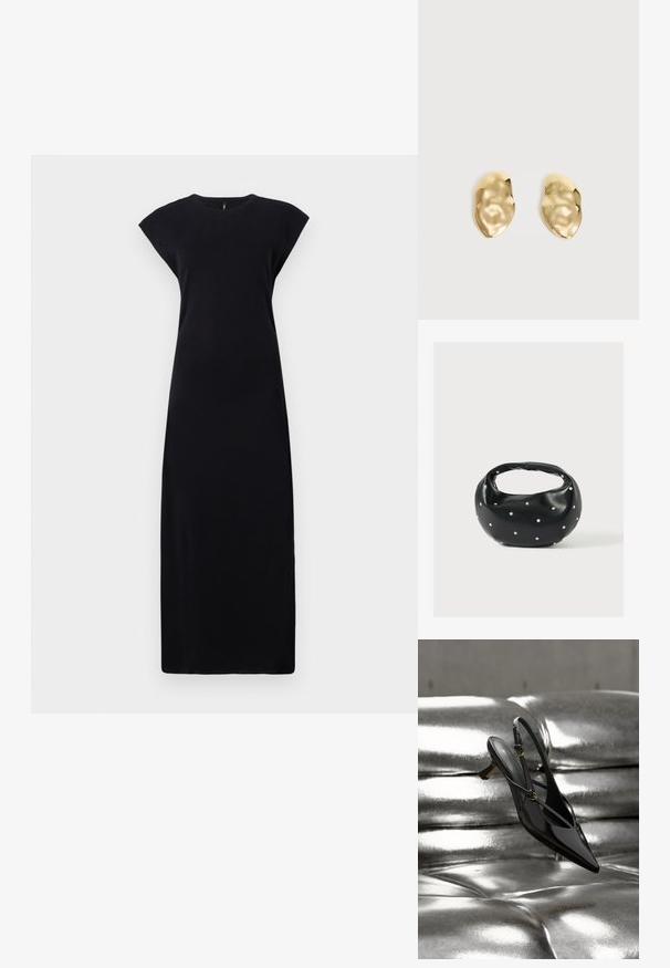 Čierne maxi šaty bez rukávov, vyrobené z hladkej tkaniny. Majú okrúhly výstrih a voľný, rovný strih. Žiadne viditeľné vzory ani akcenty.; Čierna lodička z lakovanej kože so špicatou špičkou a slingbackom s nízkym opätkom, ležiaca na lesklej striebornej kovovej prešívanej ploche.; Čierna kožená kabelka s zaobleným tvarom, zdobená striebornými cvočkami a krátkym rúčkou. Hladká textúra a zapínanie na zips.; Pár lesklých, nepravidelne tvarovaných zlatých kovových náušníc s pokrčeným, hladkým povrchom na jednoduchom svetlom pozadí.