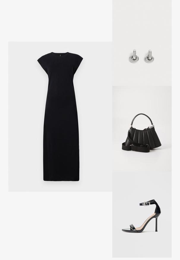 Vestido maxi negro sin mangas, hecho de una tela suave. Presenta un escote redondo y una silueta recta y suelta. Sin patrones ni acentos visibles.; Sandalia de tacón alto en piel sintética negra con correa en el tobillo. Presenta un diseño minimalista, punta abierta y una hebilla con detalles de pedrería.; Bolso de mano negro con pliegues, manejo redondeado, correa ajustable y textura brillante. Presenta herrajes plateados y una silueta estructurada.; Par de pequeños pendientes de aro plateados brillantes con base redonda, exhibidos sobre un fondo claro y liso.